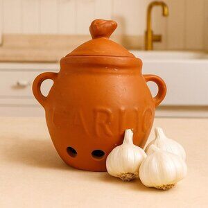 Terracotta Garlic Keeper Jar with Lid Kitchen Storage Pot Rustic Kitchen Decor